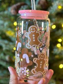 Soft Pink Gingerbread Man Print Glass Straw Cup, With Pink Lid And Transparent Glass Straw, Printed With Snowflake, Candy Cane And Small Heart Patterns, Large Capacity Design, Suitable For Iced Coffee And Fruit Tea, Full Of Sweet Christmas Atmosphere - Multicolor - View 4