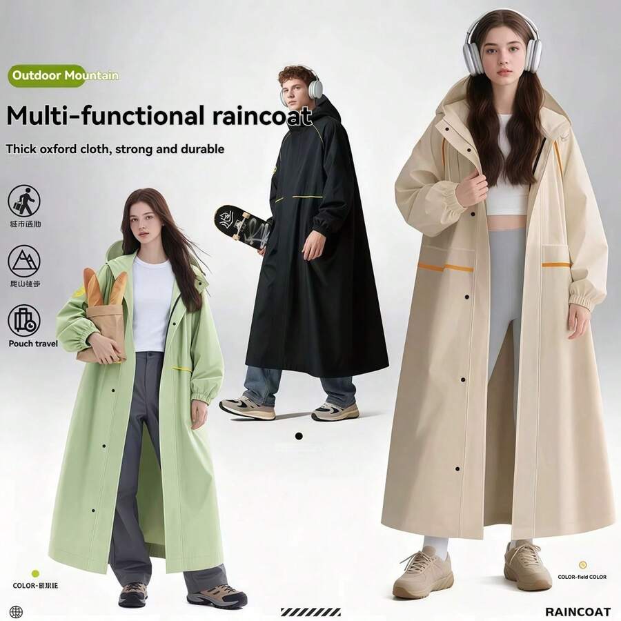 Unisex Long Rain Poncho, Oversized Thick Single-Person Waterproof Raincoat, High Collar Full Protection Rain Jacket, Waterproof Design With Foot Coverage, Suitable For Cycling, Commuting, Outdoor Hiking, Travel And Heavy Rain Protection - Multicolor - View 1