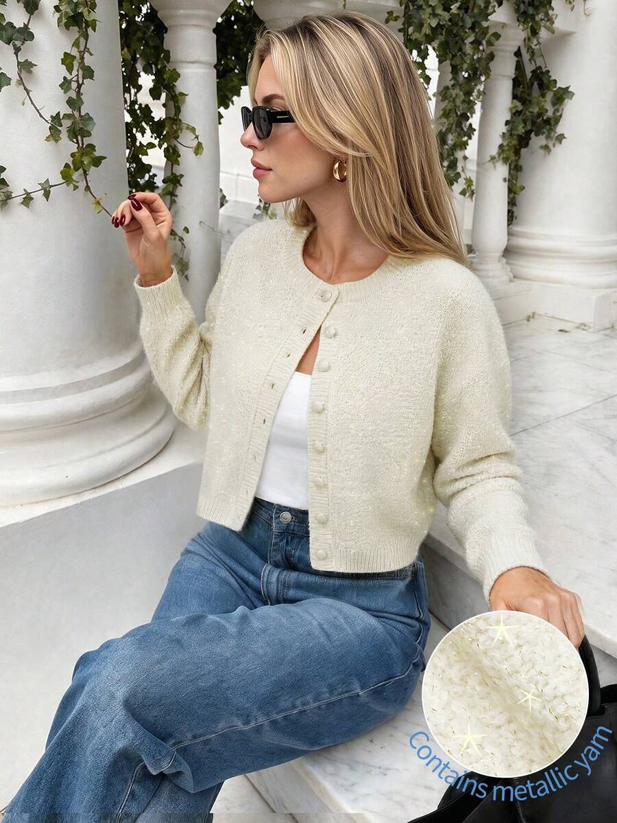 Nicenter Round Neck Knitted Cardigan, Cream White Vintage Women's Autumn Outfit, Short Fitted Single-Breasted Shiny Yarn Coarse Wool Blend Sweater, Daily Commute Casual Wear - Apricot - View 1