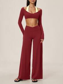 TimeOff Women's One Set Autumn/Winter Colorblock Halter V-Neck 2 In 1 Long Sleeve Cropped Top & Criss-Cross V-Waist Wide Leg Long Pants Yoga Set - Red - View 10