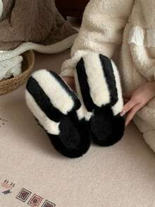 XIXITIAO Minimalist Striped Closed Toe Slippers, Winter Warm Soft Sole House Slippers - Black - View 10