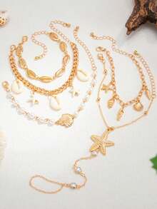 5pcs/Set Boho Beach Vacation Starfish Shell Hand Chain Bracelet Layered Cowrie Pearl Finger Ring Jewelry Set,Suitable For Summer Beach - Gold - View 4