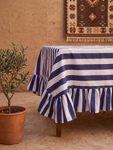 1pc Blue And White Wide Striped Tablecloth, Classic Country Style Fabric Material, Rectangular Double Layer With Ruffle Edge And Pleated Detail, Decorative And Functional For Home Kitchen, Dining Room And Daily Home Decor - Blue - View 9