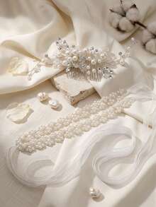 2pcs Set Faux Pearl Floral Hair Comb & Translucent Ribbon Waist Belt, Women's Wedding Bridal Accessories - Multicolor - View 8