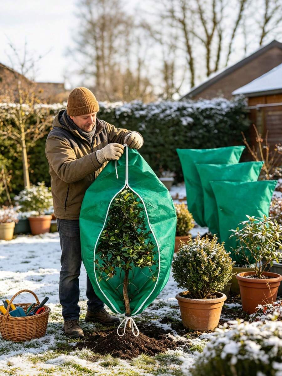 1pc Plant Winter Protection Cover, Green Breathable Plant Freeze Protection Bag With Drawstring, Reusable Frost Cloth Tree Cover For Shrubs, Potted Plants, Fruit Trees, Outdoor Garden Plant Cold, Wind & Bird Protection For Autumn Winter - Multiple Styles - View 1