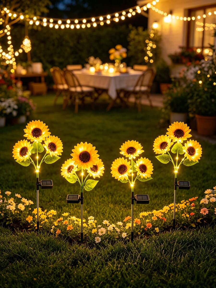 1/2/4PCS Yellow Sunflower Solar Stake Light, 3‑Head LED Flower Landscape Lamp, Waterproof Solar Powered Pathway Light, Outdoor Decor For Garden, Lawn, Pond, Yard, Holiday Party Decoration - Multicolor - View 1
