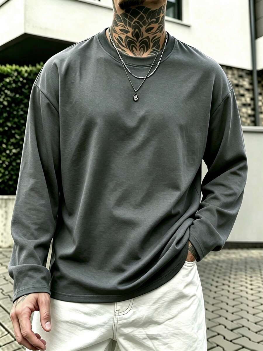 男士春秋聚酯纖維薄款底層T恤,簡約純色百搭輕量運動長袖T恤 - 深灰色 - 查看 1