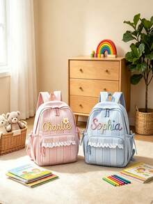 1pc Personalized Striped Lace Backpack, Large Capacity Lightweight Daily Use Bag, Customized Embroidered Name, Suitable For School, Commute And Travel, Perfect Gift - Multicolor - View 1