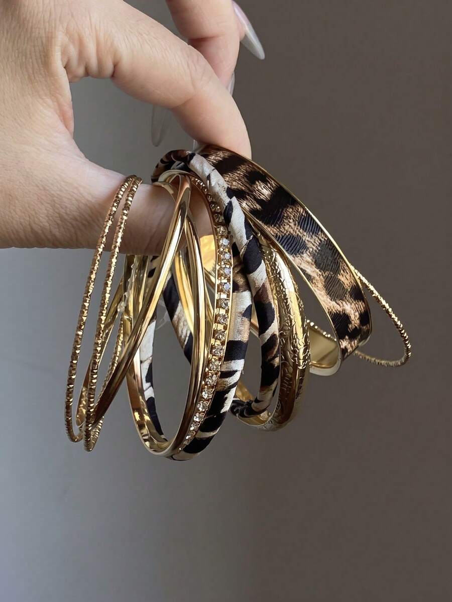 Bộ 10 vòng tay nữ phong cách vintage họa tiết da báo, vòng tay da phối đá rhinestone và kim loại dạng xếp chồng, trang sức phong cách Âu Mỹ cá tính nổi bật - Vàng - Xem 1
