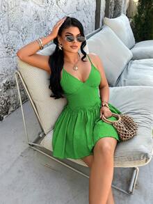AIJ Elegant Deep V-Neck Ruffle Trim Spaghetti Strap Back Elastic Ruched A-Line Mini Dress, Green, Autumn Beach Vacation Night Out Dress, Christmas Occasion - Green - View 1