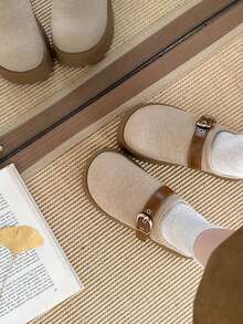 Beige Woven Fabric Thick Sole Round Toe Metal Buckle Slip-On Mule Loafers For Women, Spring/Autumn - Beige - View 4