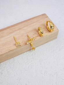 4Pcs Zirconia Stud Jacket Hoop Earring Stackable Set, 14K Gold Plated Flower Stud Earrings Cartilage Piercing Jewelry For Women Daily Gift Party - Gold - View 2