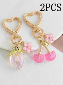 2PCS Multi-Color Strawberry & Cherry Keychains, Fashionable & Durable Bag Charms, Car Key Rings, Creative Small Gifts Suitable For Friends - Multicolor - View 4