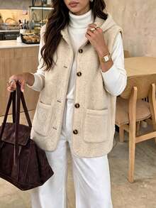 Women's Autumn/Winter Single Piece Hooded Drawstring Lamb Wool Sleeveless Vest Single-Breasted Large Pocket Loose Slouchy Daily Commute Outerwear Faux Fur Vest Fallfashion - Apricot - View 4