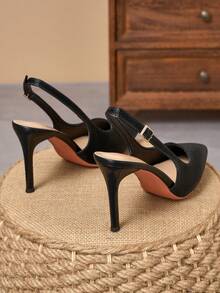 2026 Textured Embossed Thin Heel High Heels For Women, Pointed Toe Minimalist Back Strap Adjustable Closed Toe Fashion Sandals, Toe Protection, Breathable Backless Design, Suitable For Commute, Date, Party, Matches With Trench Coat, Wide Leg Jeans, Elegant Mature Style - Black - View 4