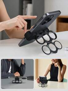 360° Rotatable Dual-Ring Three-Finger Phone Stand, Multi-Function Rotating Folding Magnetic Phone Handle Holder, Back-Clip Phone Support Stand, Suitable For Multiple Phone Models - Multicolor - View 5