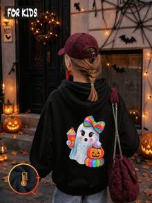Halloween Autumn Winter Girls' Hooded Fleece Sweatshirt With Rainbow Bow Ghost Holding Ice Cream And Pumpkin Print - Black - View 3