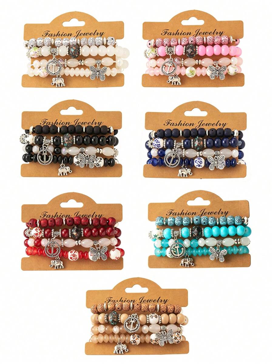 1 Set Women's Bohemian Beaded Bracelet Butterfly Anchor Elephant Alloy Pendant Multicolor Bracelets - Multicolor - View 1