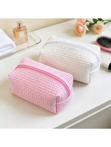 Pink Waffle Texture Makeup Bag, Soft Fabric Zipper Cosmetic Storage Bag, Large Capacity Portable Travel Toiletry Organizer Bag, Suitable For Women's Daily Use - Multicolor - View 3