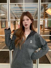Women's Fashion Hooded Full Zip Cardigan, Cute Dog Embroidery With Polka Dot Lining, Casual Versatile Jacket For Autumn/Winter - Grey - View 2