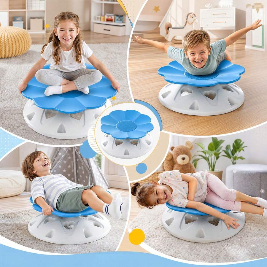 Petalenförmiger robuster Kunststoff-Balance-Sitz für Sinnesintegration und vestibuläres Training, rotierender Drehstuhl und Sinnesstuhl, Trainingsgerät für Zuhause, Therapie, Schule und Kita, fördert Gleichgewicht, Konzentration, Koordination und Motorik, in Blau, für Kinder und Erwachsene, platzsparend und ohne Batterien
