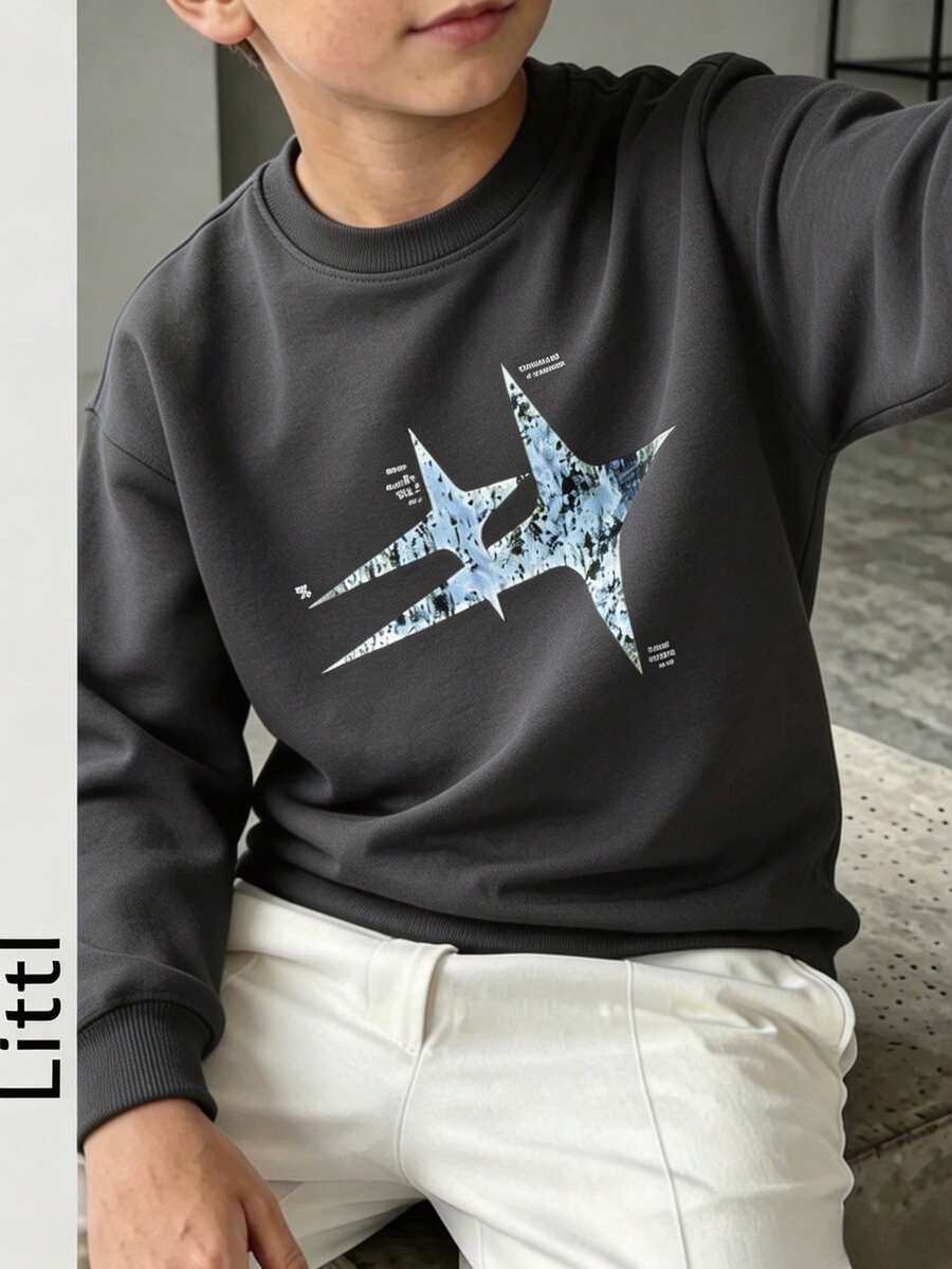 青少年男孩圓領衛衣，酷炫斑點星星圖案前印花套頭衫，柔軟抓絨長袖休閒上衣，適合秋冬校園日常穿著 - 深灰色 - 查看 1