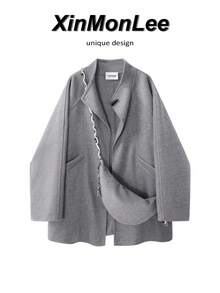 Horn Button Design Korean Vintage Mid-Length Overcoat Button-Up Jacket For Evening Date, College, Daily Wear, Autumn/Winter - Light Grey - View 1