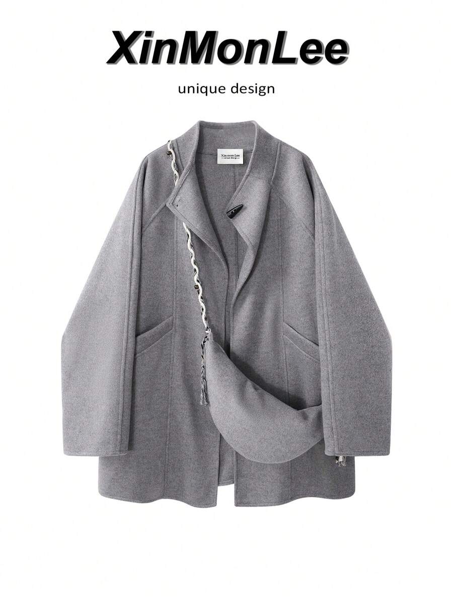 Horn Button Design Korean Vintage Mid-Length Overcoat Button-Up Jacket For Evening Date, College, Daily Wear, Autumn/Winter - Light Grey - View 1