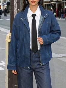 Women's Vintage Casual Regular Fit Denim Jacket With Pockets, Zipper And Turn-Down Collar - Dark Wash - View 3