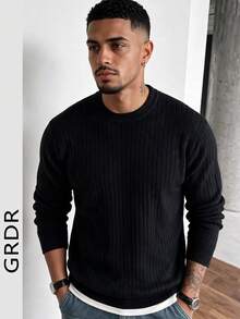 GRDR Men's Black Vertical Ribbed Crew Neck Sweater Slim Fit Textured Knit Pullover Casual Base Layer Top Autumn/Winter - Black - View 5