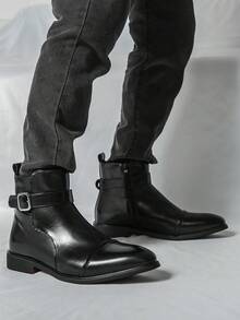 ZCZ Men Cap‑Toe Buckle Ankle Boots, Side Zip Pointed Toe Low Heel Vintage Business Casual Short Boots - Black - View 7