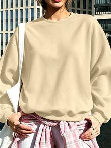 女款大尺碼休閒圓領運動衫－適合日常穿著與戶外活動（秋冬） - 杏色 - 查看 1