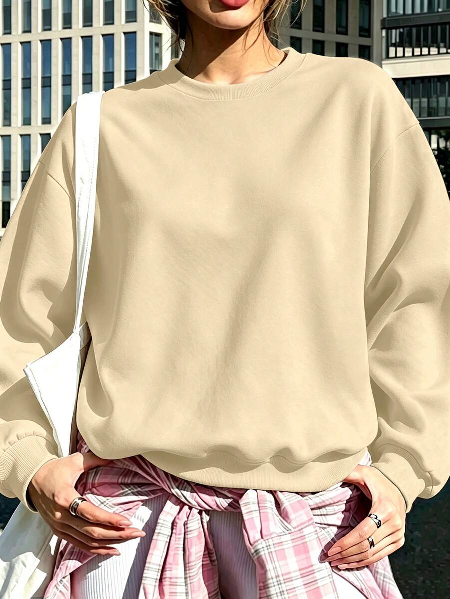 女款大尺碼休閒圓領運動衫－適合日常穿著與戶外活動（秋冬） - 杏色 - 查看 1