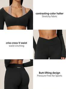 TimeOff Women's One Set Autumn/Winter Solid Color High Neck Long Sleeve Top With Side Pockets And Pleated Wide-Leg Pants - Black - View 4