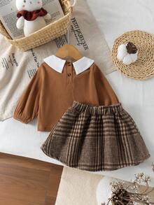 2pcs Set Atasan dan Rok Kerah Peter Pan Gaya Kuliah Lucu untuk Bayi Perempuan, Berat Sedang, Musim Semi/Gugur - Khaki - View 2