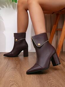 Autumn/Winter New Fashionable Women's Brown Street Style Party Boots With Turn-Down Collar, Rose Flower, Rivet, Front Zipper, Pointed Toe, Chunky High Heel, Ankle Boots - Brown - View 3