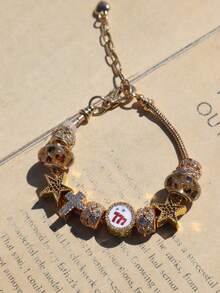 1pc Leopard Print Star Lucky Number 777 Charm Bracelet, Star Cross Bracelet, Cute Red Cherry Star Bracelet - Gold - View 3