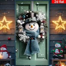 2D Flat Charming Snowman And Christmas Wreath Door Banner, Polyester Holiday Decoration, Perfect For Indoor/Outdoor Parties And Photo Booths - A - View 4