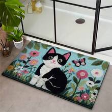 1pc Cat And Floral Print Design Microfiber Bath Rug, Non‑Slip Soft Bathroom Mat, Water‑Absorbent Doormat, Machine Washable, Low Pile, TPR Backing, Knit Fabric, For Bedroom, Kitchen, Entryway, Indoor Use, Home Decor, Perfect New House Gift. - A - View 2