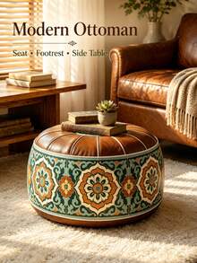 Round Storage Ottoman, Large Capacity Soft Footstool With Hidden Clothes Storage, Padded Seat & Floral Fabric Design, Multifunctional Organizer Stool For Adults, Bedroom Living Room Closet Dorm Home, Space Saving Furniture - Brown - View 7