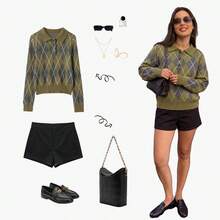 YROOE Vintage Diamond Checkered Collar Long Sleeve Women's Sweater, Autumn/Winter - Multicolor - View 2
