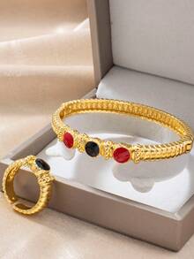 Letingsha 2pcs Luxury Vintage Textured Colorful Enamel Gold-Plated Bracelet And Ring, Suitable For Women's Daily Wear, Wedding, Party And Holiday Gift - Multicolor - View 2