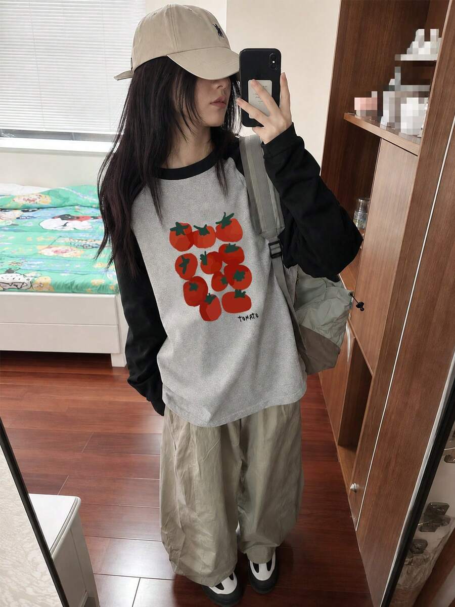 女款時尚秋冬純棉寬鬆百搭字母印花番茄圖案插肩袖撞色長袖T恤 - 深花灰 - 查看 1