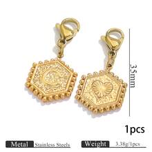 1pc Stainless Steel Gold Plated Hexagonal Letter Charm With Lobster Clasp, Alphabet Heart Pattern Pendant, DIY Keychain Bag Charm Accessories - one-size - View 8