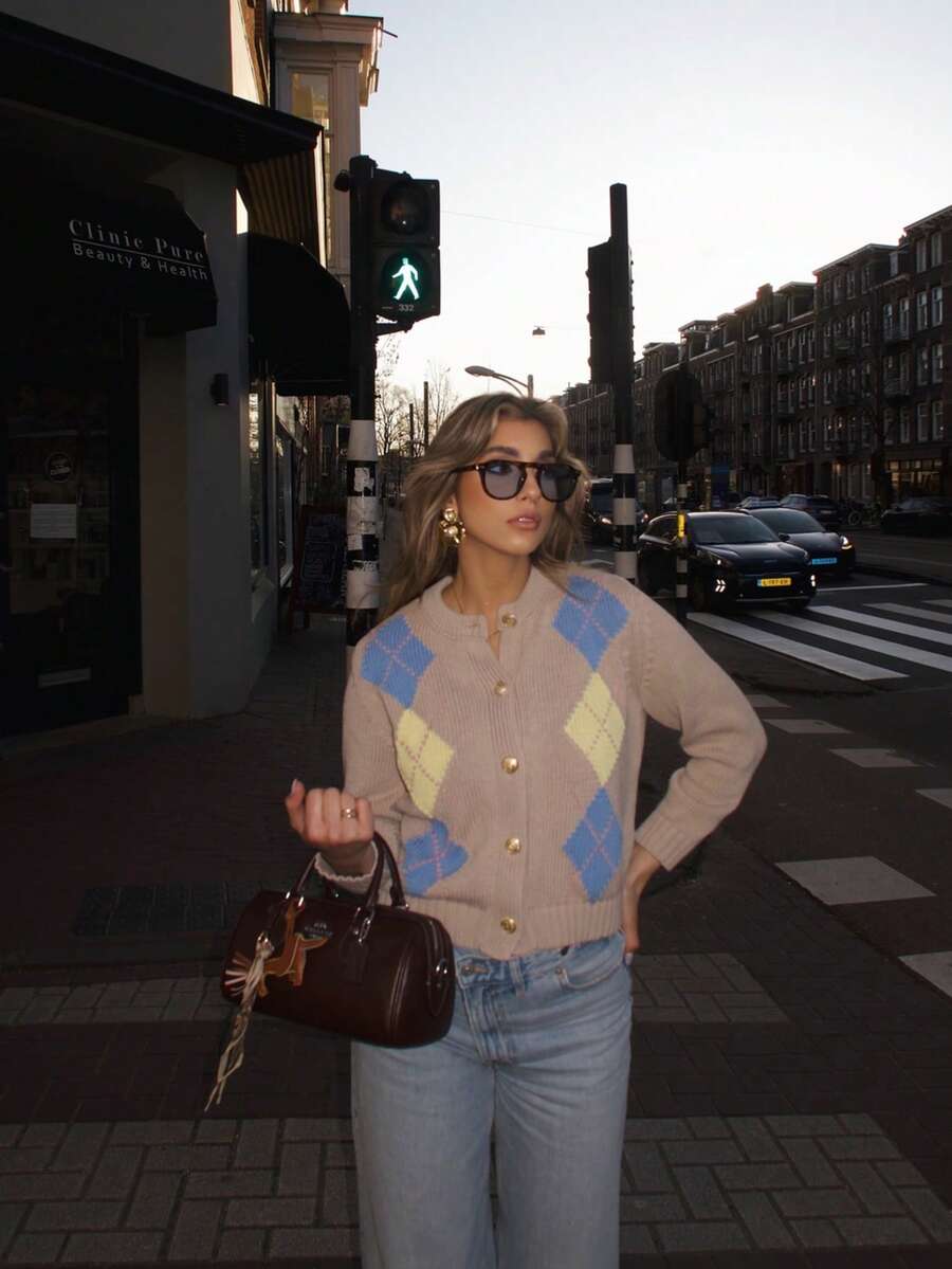 Women's Argyle Pattern Front Button Knit Cardigan, Round Neck Long Sleeve Loose Short Knit Sweater Jacket, Winter Women's Set Autumn - Apricot - View 1