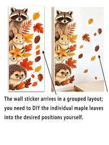 Autumn Forest Small Animal Vertical Wall Decor Stickers, Raccoon Rabbit Fox Hedgehog Autumn Leaves Pine Cone Creative Fun Patterns, Easy To Apply And Remove High-Quality Glue-Free Film, Fall Autumn Atmosphere Decorative Stickers, Can Beautify Walls, Kitchen, Bathroom, Floor-To-Ceiling Windows, Freely Unleash Your Imagination To Create A Healing Autumn Home Space - Multicolor - View 6