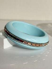 Vintage Punk Sky Blue Full Circle Shiny Iridescent Rhinestone Resin Bracelet, Bright Rose Red Colorful Rhinestone Glossy Rivet Cross Women's Wide Bangle Bracelet, Daily Layering Accessory, 2000s Chunky Bangle Bracelet 80s 90s - Multicolor - View 8