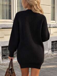 YuwenierPOP Casual Vintage Black Cardigans Knitted Thick Rib V Neck Oversized Long Sleeve Patch Pockets Loose Mid‑Length Sweater Coat Fall Winter Look - Black - View 6