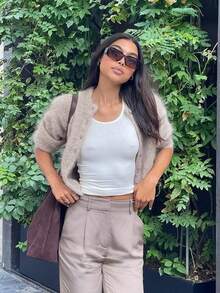HEYMINI Cardigan Rajut Fashion Wanita, Lengan Panjang, Leher Bulat, Desain Kancing Depan, Atasan Rajut Serbaguna - Khaki - View 3
