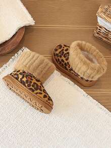 1 Pair Girls' Warm Snow Boots, Leopard Print Thermal Lined Non-Slip Ankle Boots - Brown - View 5